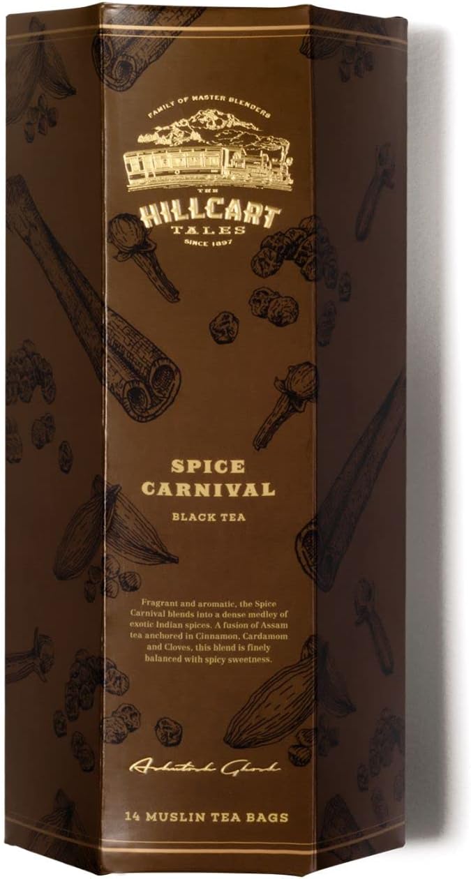HILLCART TALES Spice Carnival - Perfect Blends Of Black Tea - Cinnamon - Cardamom And Clove - 14 Muslin Teabags, 31.5 Gram