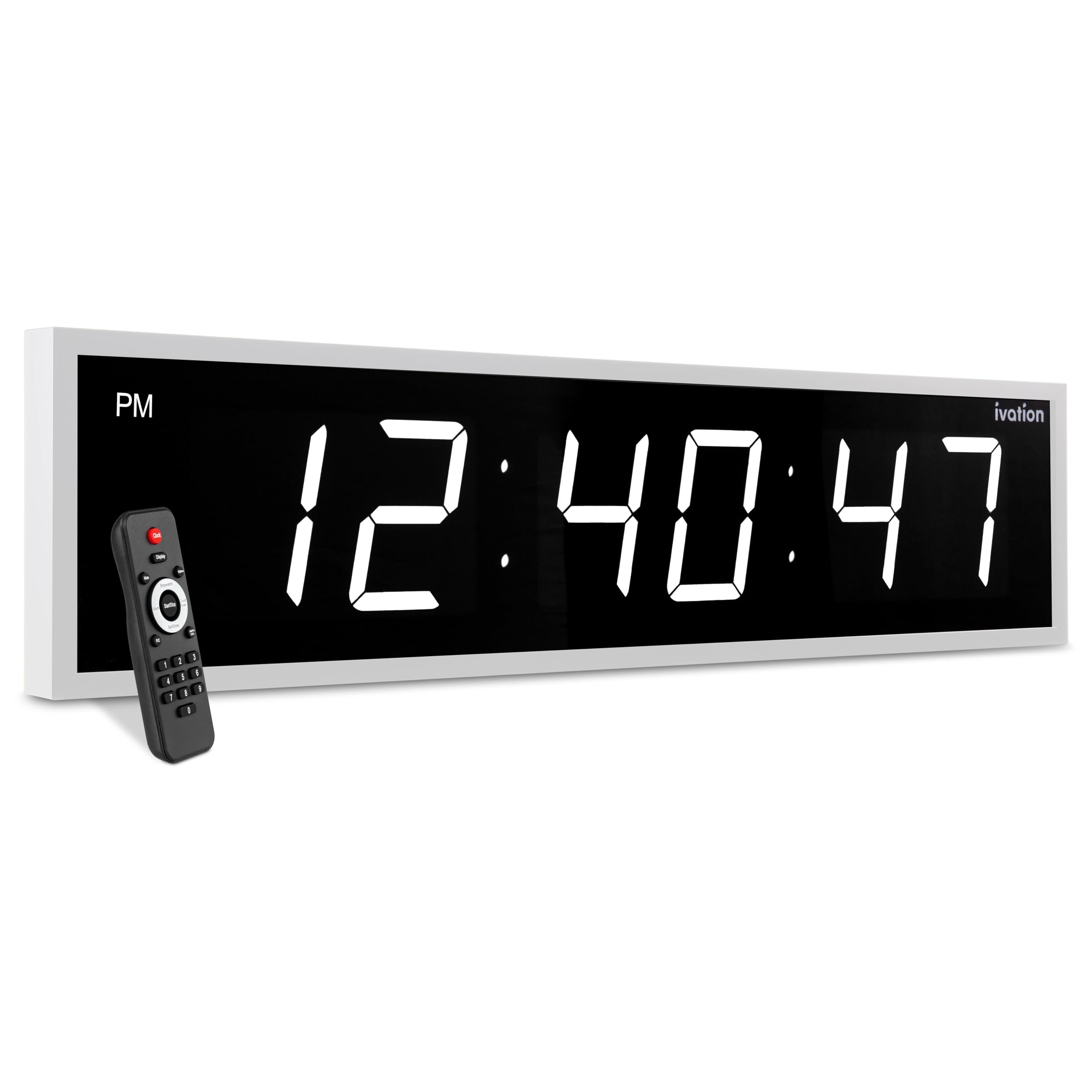 Ivation Huge Oversized 72" Large Digital LED Clock | Big Digital Clock w/Multi-Function Display – Stopwatch, Timer, Alarms, Temp & Date | 6 Brightness Levels, Time Memory & Remote (White)