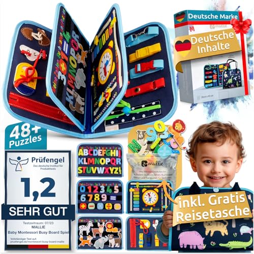 Mallie® Busy Board Deutsch inkl. Gratis Reisetasche & Montessori Buch und Perfekt für Reisen im Auto, Zug oder Flugzeug I100% BPA-Frei als Quiet Book & Busy Book I Activity Board Busy Book