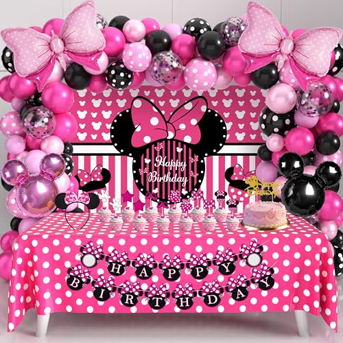 Pink Mouse Birthday Decorations Rose Red Cartoon Theme Party Kit Mouse Theme Birthday Party Supplies with Backdrop, Foil Balloons, Tablecloth & Cake Toppers for Girls Baby Shower Celebration
