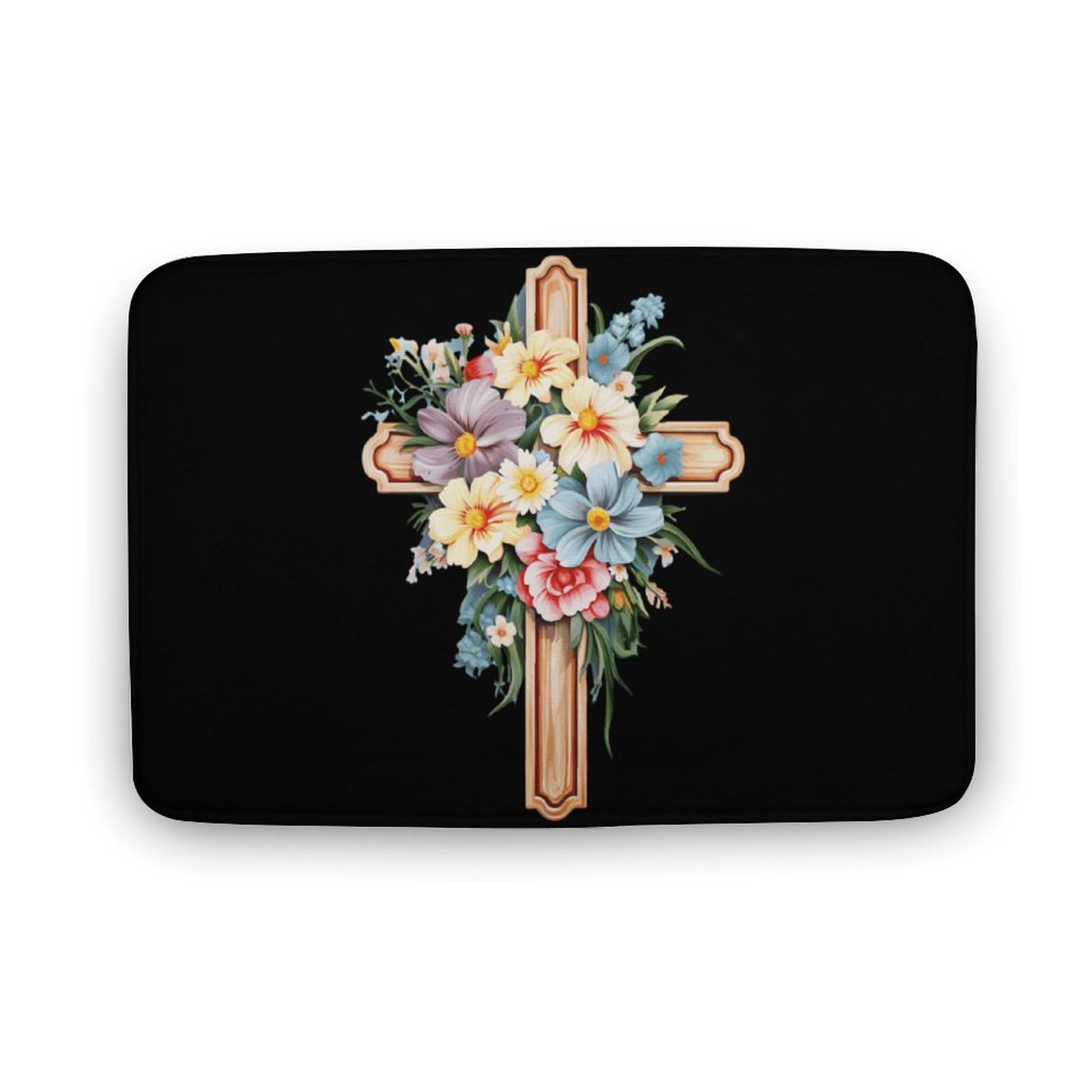 Christian Cross with Flowers Coral Velvet Rugs Non-Slip Bathroom Rugs Soft Kitchen Rug Floor Carpet for Home Decor 19.7