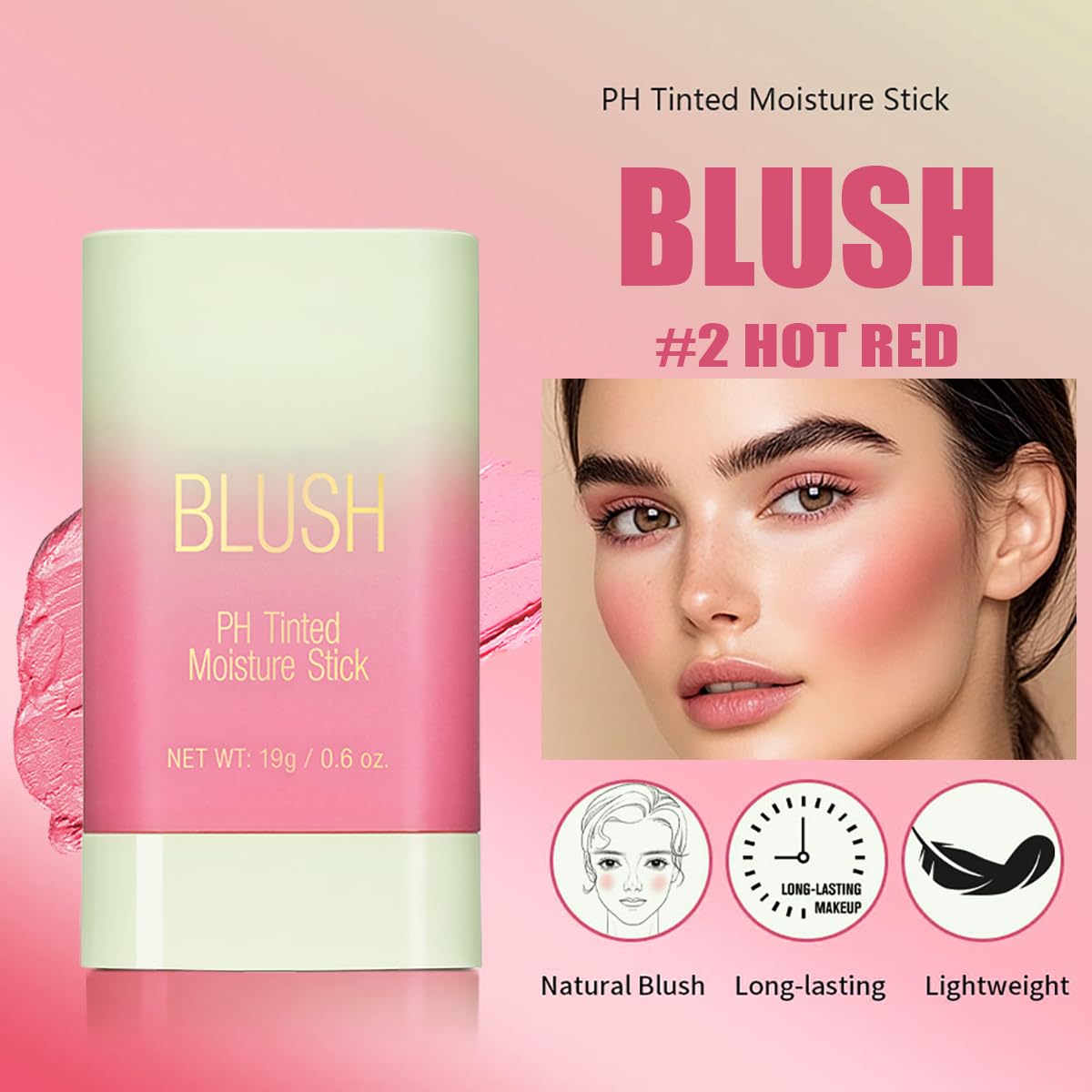 PH Tinted Moisture Stick，Multi-Use Cream Color Changing Blush, 3-in-1 Blush Stick for Cheek/Eyes/Lips, Waterproof Hydrating Tinted Solid Makeup Products (1# Shy Pink): 2#hot red 0.6 Ounce (Pack of 1)