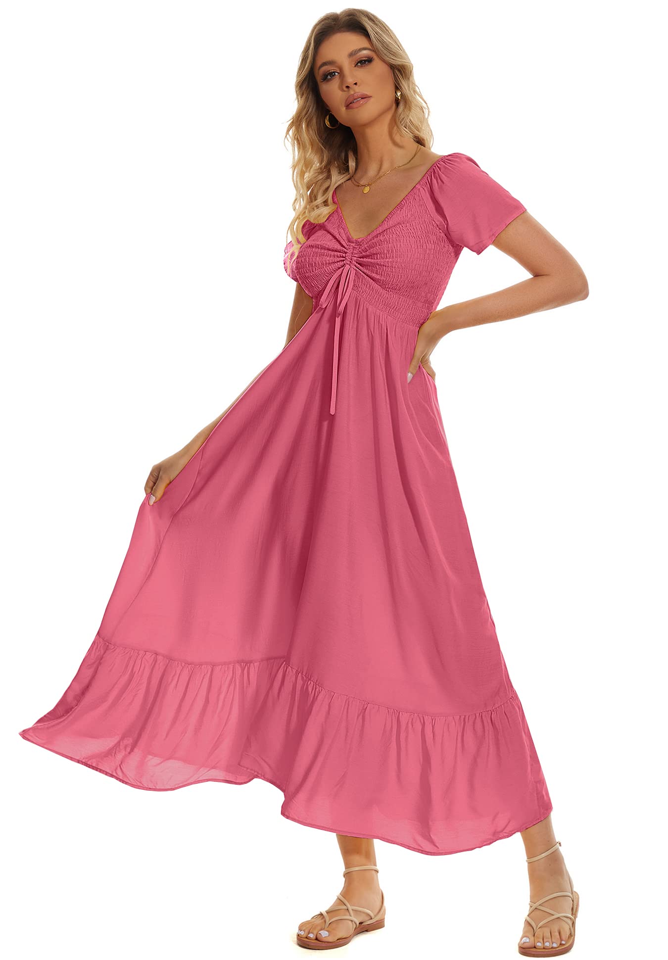 Summer Floral Smocked Maxi Dress for Women 2026 Casual Flowy Tiered A Line Boho Beach Party Long Dresses with Short Sleeve