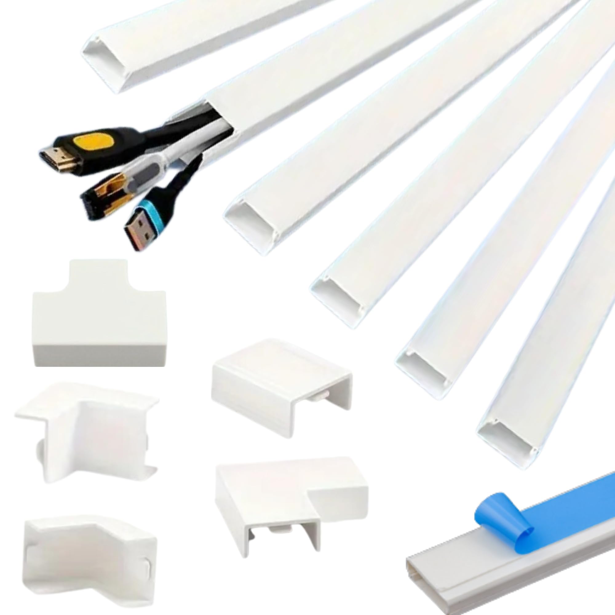 6x1metro (15x10mm) Canaleta Cables Pared Adhesivo | 6 Canaletas Cables de 1metro de Largo y 10 Accesorios - Cubre Cables Color Blanco para Proteger o Esconder Cables