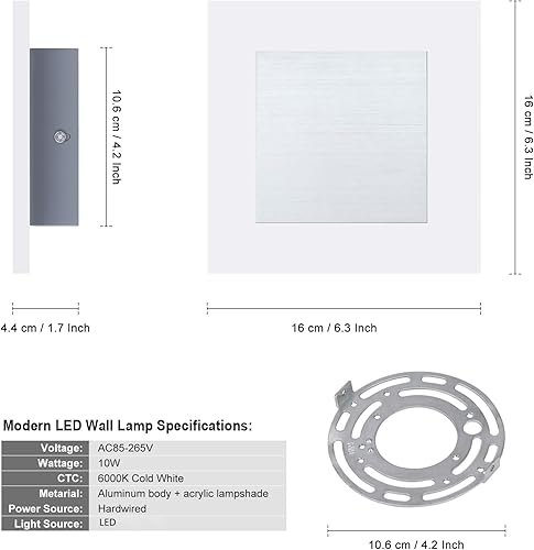 Miniatura 6 de Kawell Apliques de pared LED modernos de 10 W, lámpara de pared LED cuadrada de acrílico para interiores, lámpara de pared LED minimalista para
