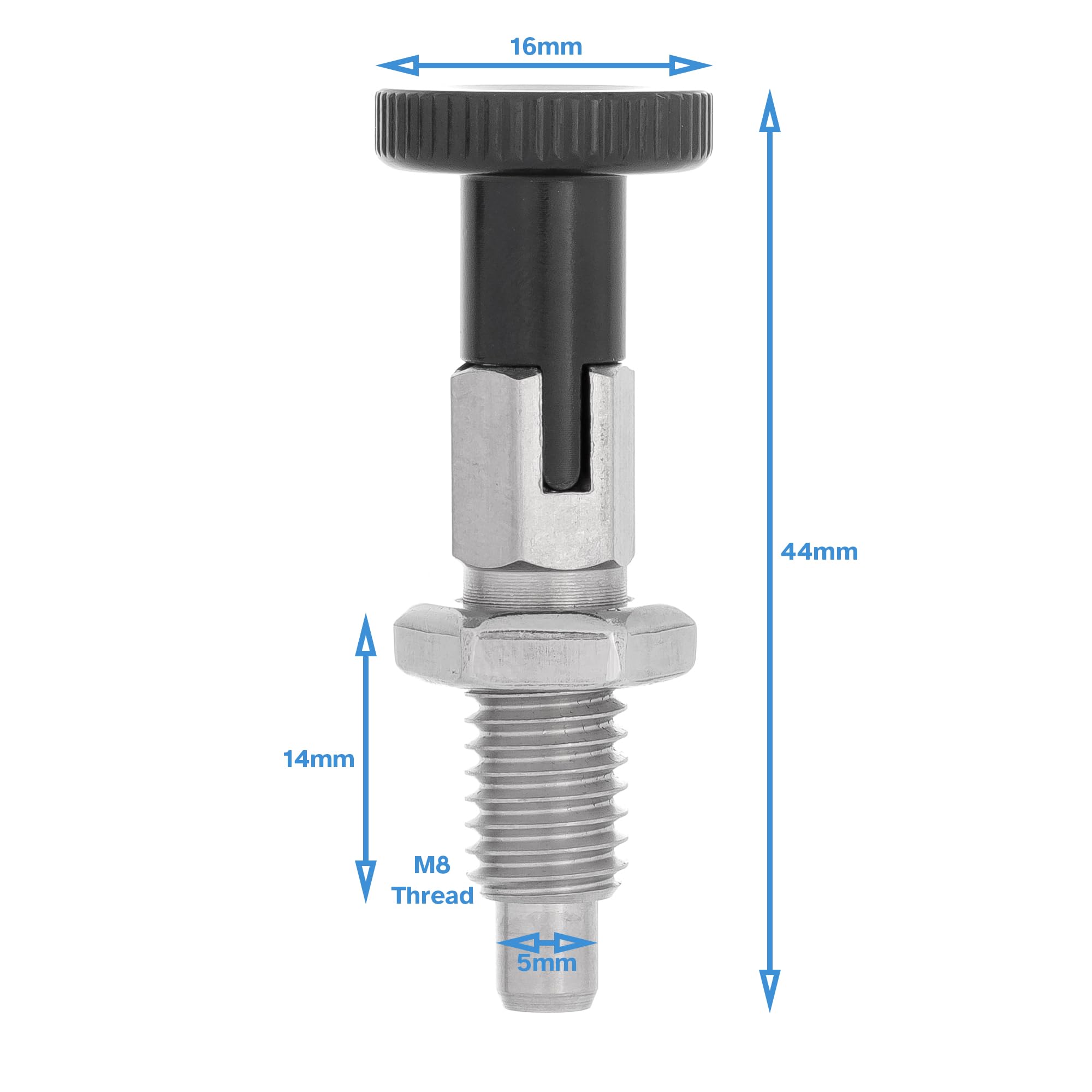 HALLMERS M8 x 1.25 x 14mm Thread 5mm Pin Diameter Indexing Self Locking Spring Plunger with Hex Knob - Stainless Steel Retractable Bolt Notch Threaded Index Mechanism Accessory Tool