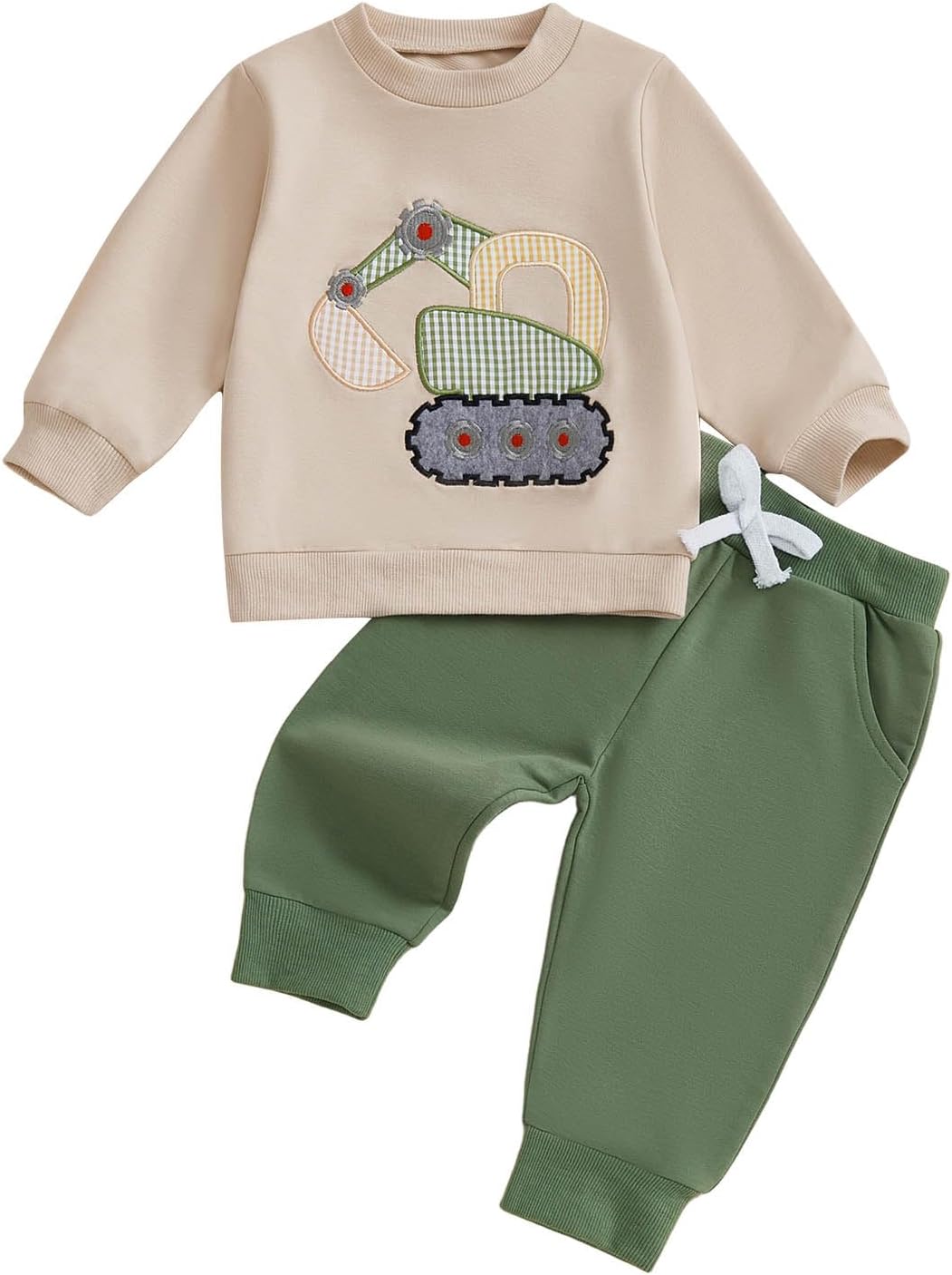 FOCUSNORM Toddler Baby Boy Fall Winter Outfit Excavator Embroidered Long Sleeve Sweatshirt Elastic Jogger Pant 2 Pcs Clothes