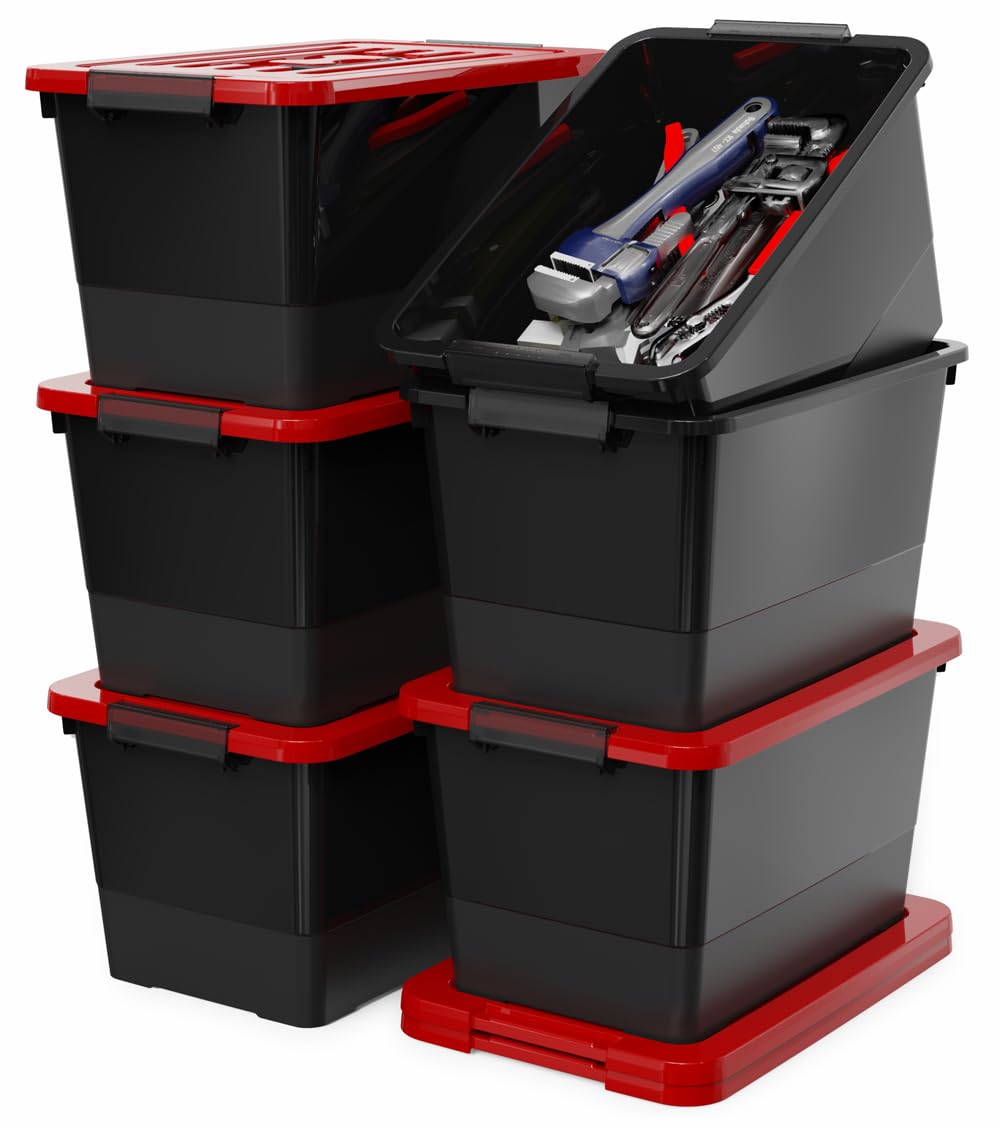 WYT 32 Quart Stackable Plastic Storage Bins with Red Lids, 6 Pack Black Containers with Latching Buckles and Handle, Durable Nestable Boxes Organizing for Closet, Garage, Tool Room