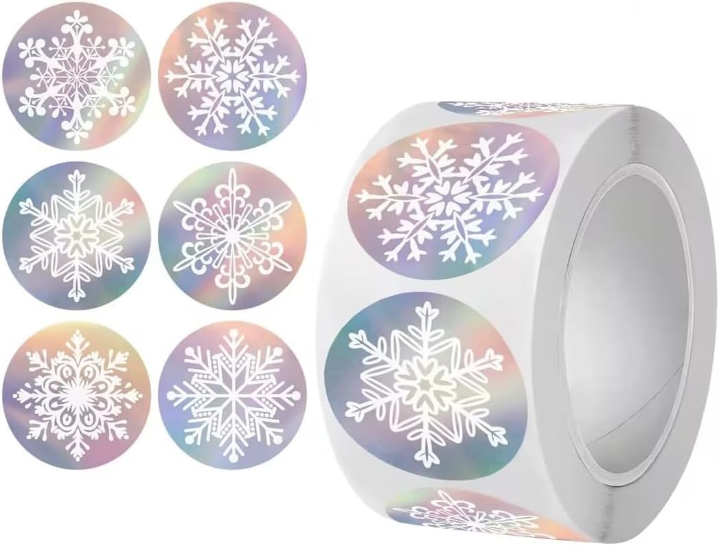 Holographic Snowflake Stickers, 3.8cm Round Labels, for Christmas Envelopes and Gift Boxes