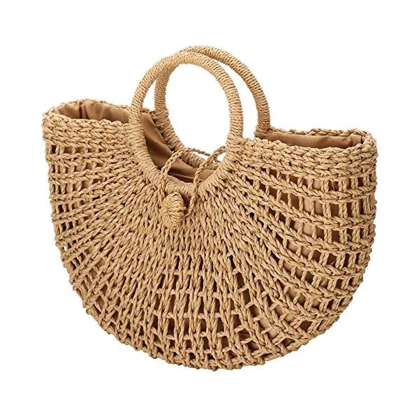 Straw-Bags-for-WomenHand-woven-Straw-Top-handle-Bag-with-Round-Ring-Handle-Summer-Beach-Rattan-Tote-Handbag YYW Straw Bags for Women,Hand-woven Straw Top-handle Bag with Round Ring Handle Summer Beach Rattan Tote Handbag (Khaki) One Size