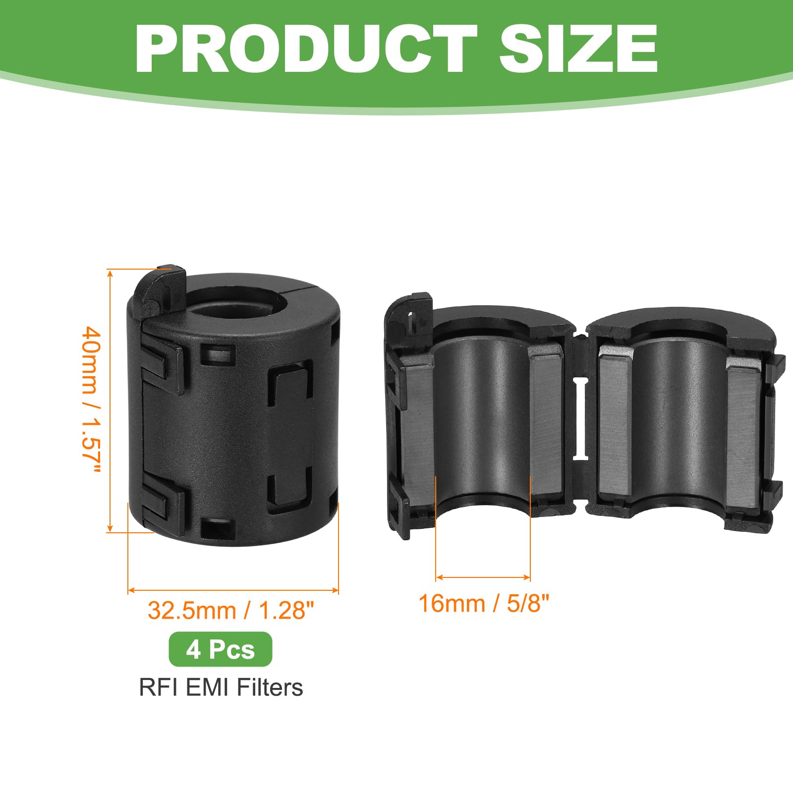 sourcing map Lot de 4 anneaux en ferrite à clipser, filtre anti-bruit RFI EMI pour câbles de données audio vidéo USB de 16 mm, pour réduction des interférences, noir