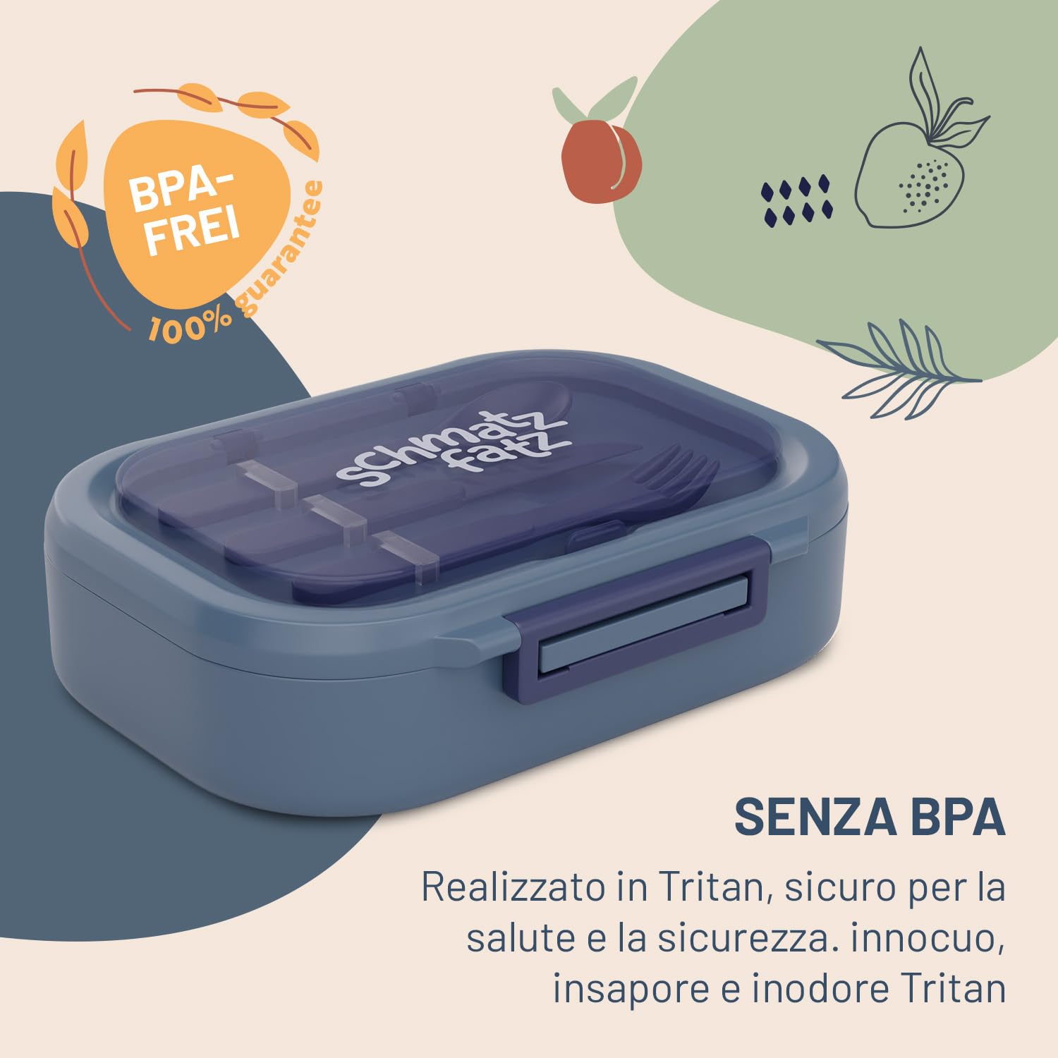 Klarstein Schmatzfatz - Portapranzo Ermetico, Lunch Box Con 3 Scomparti, Tritan Senza BPA, Lavabile In Lavastoviglie, Include Le Posate, Design Colorato, Blu Porcellana, Compatto & Portatile