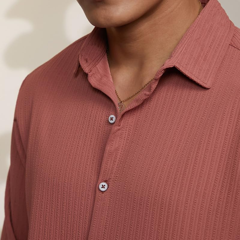Image of CAHOOT Men's Veined-Textured Shirt | Casual Wear | Spread Collar | Long Sleeve | Button Closure | Shirt Crafted with Comfort Fit for Everyday Wear