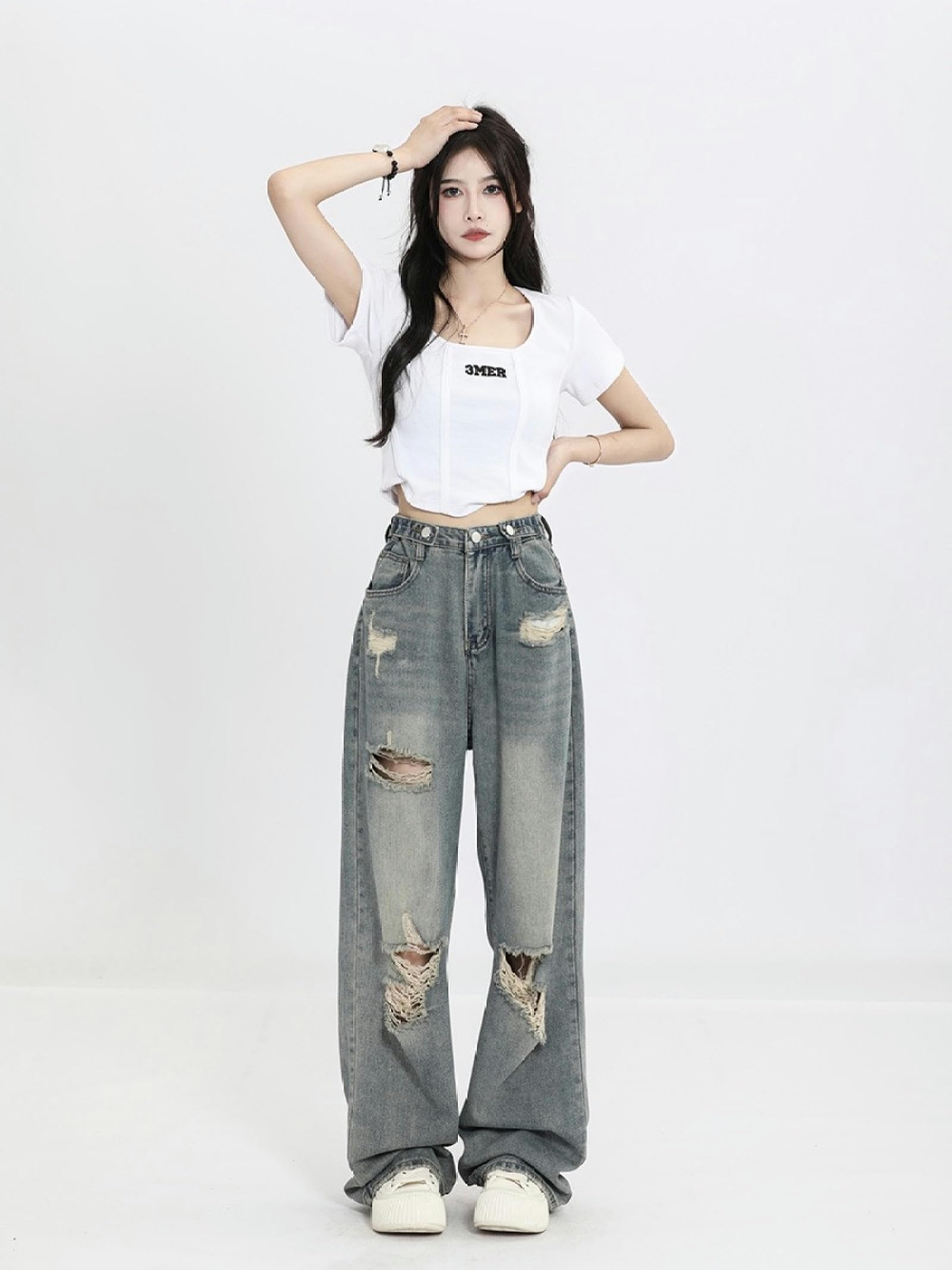 Amerikanischen Retro Vibe Stile Zerrissene Jeans Frauen Herbst Hohe Taille Gerade Lose High Street Breite Bein Demin Hosen Y2K Streetwear