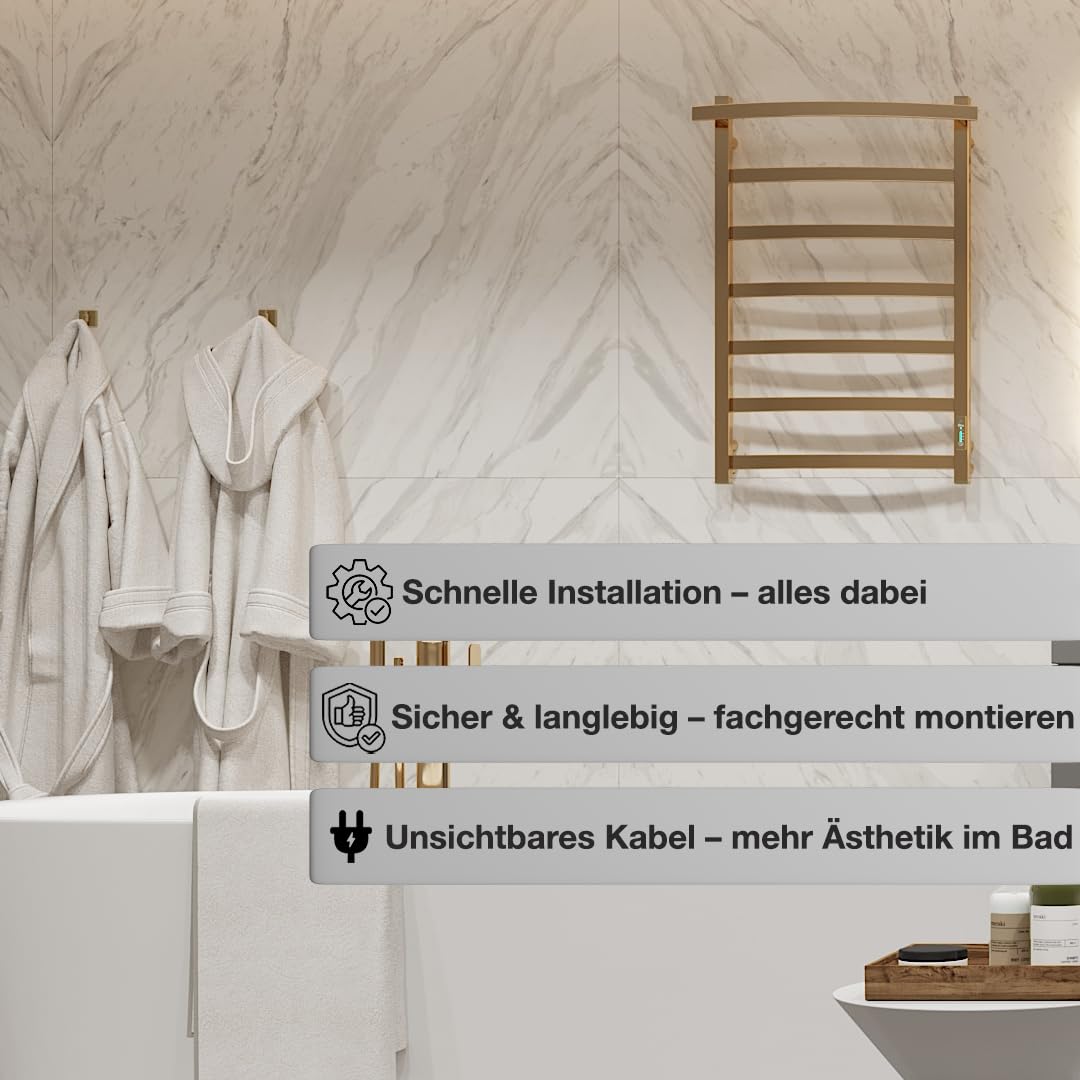 Elna Scaldasalviette Oro - 107W - 805x590mm - Elettrico - Per Casa e Famiglia - Montaggio a parete - Acciaio inossidabile con Timer, Termostato & Eco - IP44 - Compatto ed elegante