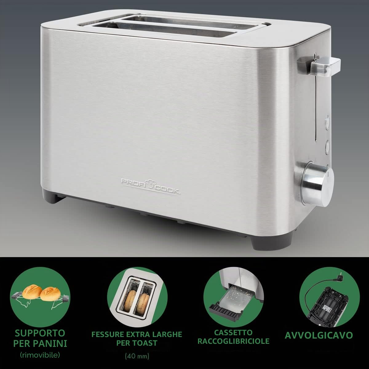 ProfiCook Tostapane | 2 fette | alloggiamento in acciaio inox | ampio slot | inserto per panino (rimovibile) | grado di doratura regolabile | cassetto briciole | avvolgicavo | PC-TA 1251