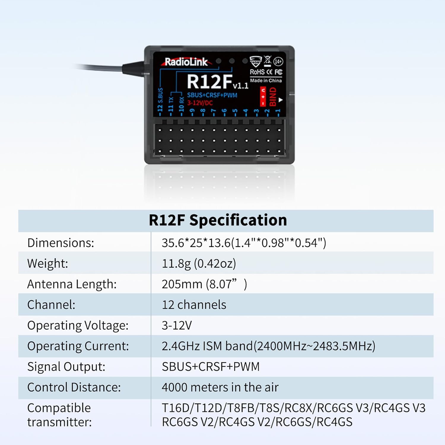 Radiolink T12D V2 12CH RC Fernsteuerung & R12F Empfänger Set, 2.4GHz Fernbedienung mit 4km Reichweite, 50 Modellspeicher, Unterstützt ELRS/TBS Crossfire Modul für Drohne, Flugzeug, Auto, Boot (Mode 2)