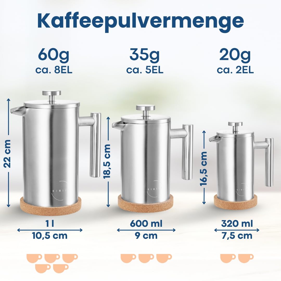 French Press - Cafetera de acero inoxidable cepillado, incluye 3 filtros de repuesto y posavasos de corcho, doble pared con función de mantenimiento del calor, 1 litro, 5 tazas