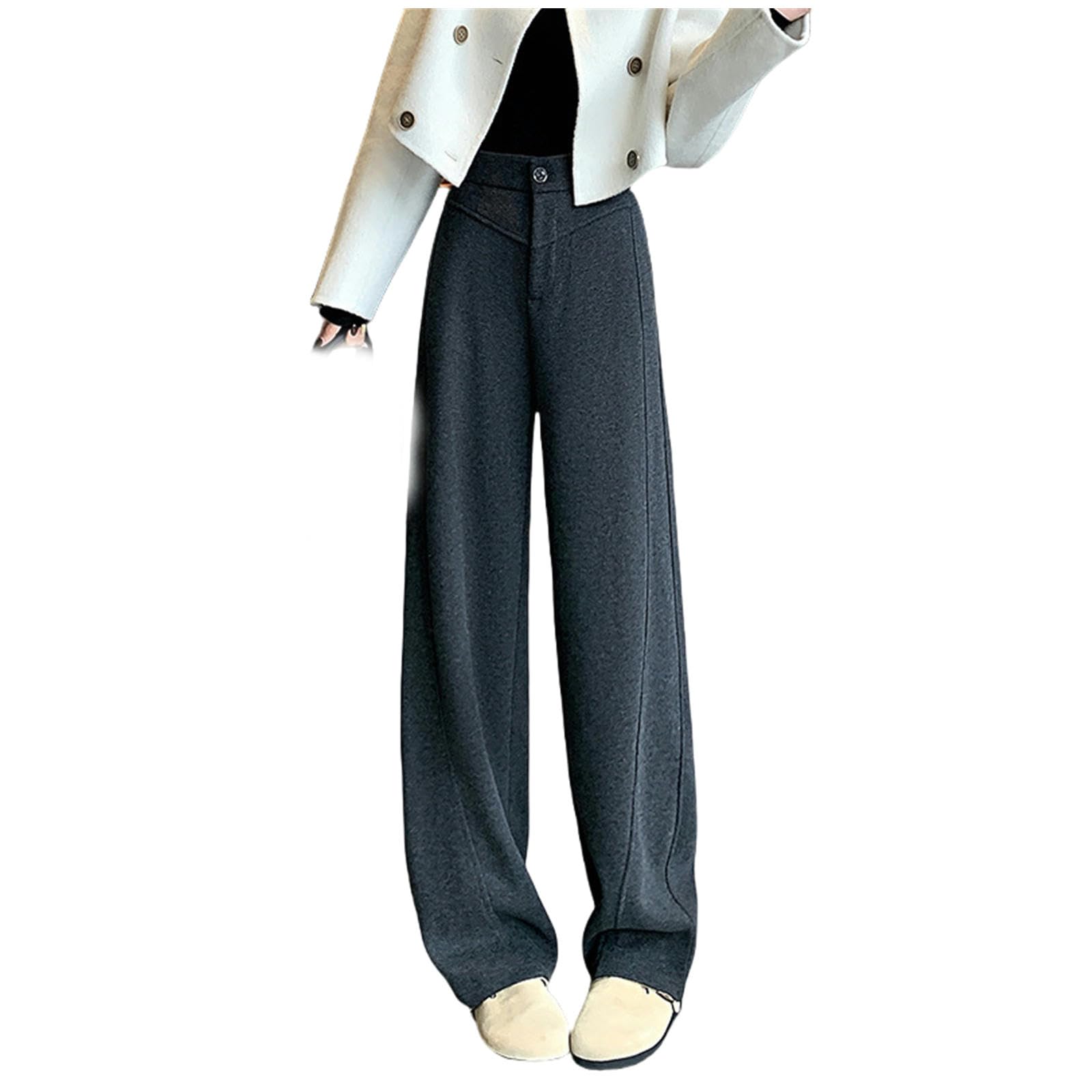 Pantalone Donna Pantaloni di Banana Peluche per Donne Autumn E Pantaloni Invernali A Gamba Larga Drapo in Alto-Rice White (più Velluto)-l