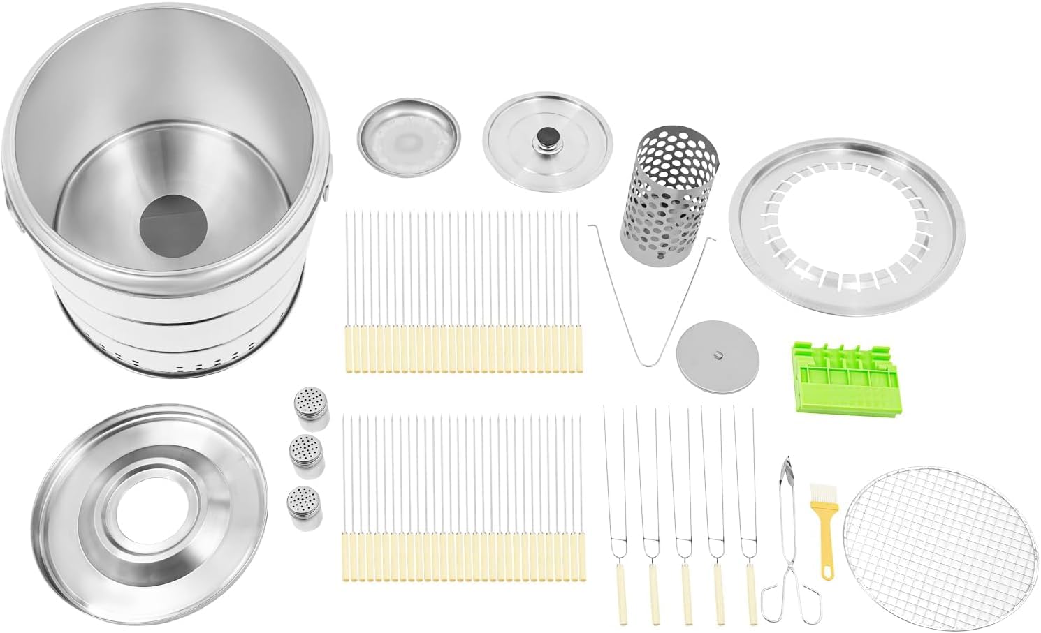 Griglia A Carbone Sospesa Senza Fumo, Affumicatore Verticale Portatile A Carbone, con 30 Spiedini, Secchio per Barbecue in Acciaio Inox, Ideale per Campeggio, Picnic E Feste in Giardino.