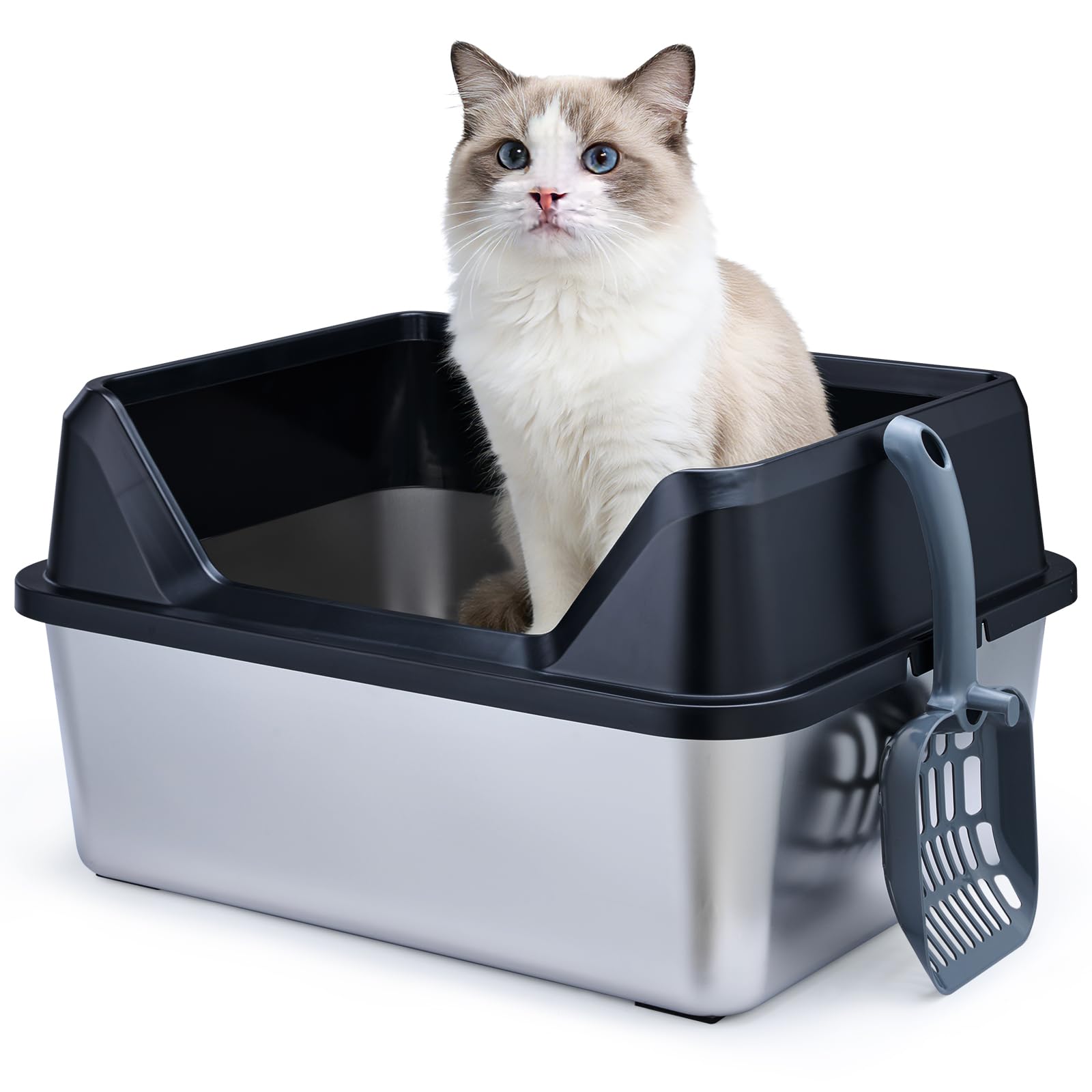 Stainless Steel Cat Litter Box with Lid,Kitty Cat Box,Open Top Litter Box,Metal Litter Box,High Sided,Non Stick,Easy Cleaning with Scoop for Kittens&Small Cats,17.1"x13.7"x9.6" (Black)