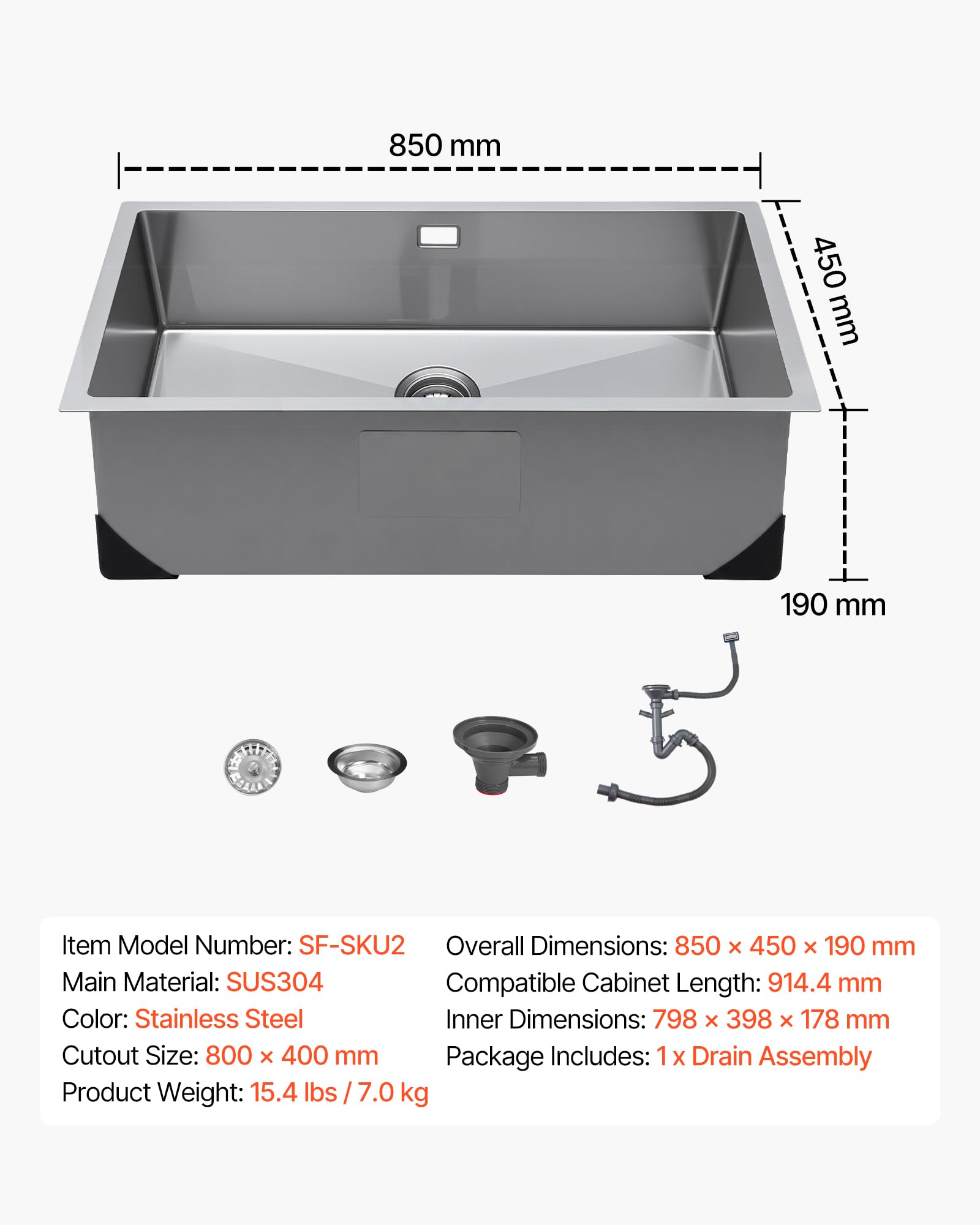 VEVOR Lavello da Incasso per Cucina, Lavello Sotto Banco con Vasca Singola 85 x 45 x 19 cm in Acciaio Inox, Lavandino in Acciaio Inox per Cucina con Foro di Scarico da Preparazione Bar Hotel Camper