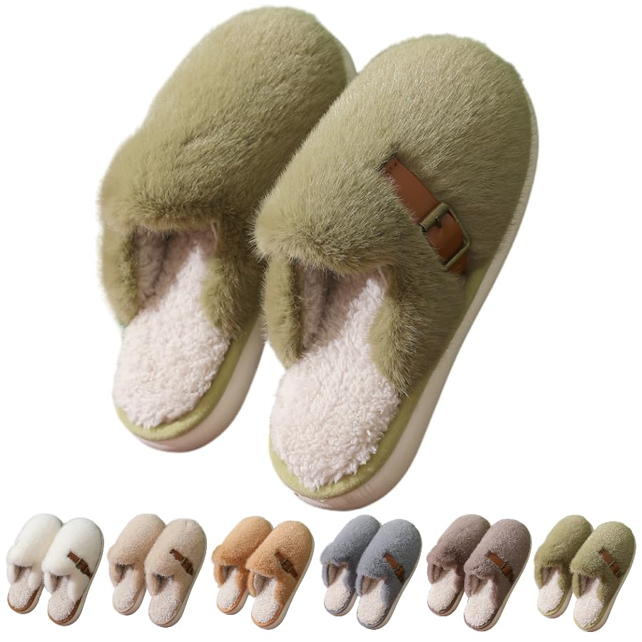Retro Fuzzy Slippers for Women Soft Plush Thickened Classic House Shoes with Leather Strap Decoration Slip-on Fluffy Cozy Indoor Outdoor Slippers Old Money Aesthetic