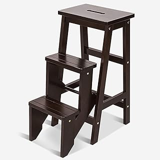 BETTARY 3-Step Folding Wooden Step Stool, Portable Anti-Slip Step Ladder, Foldable Wood Counter Staircase, Multifunctional Flower Shelf & Chair for Kitchen/Garage/Living Room/Library (Coffee)