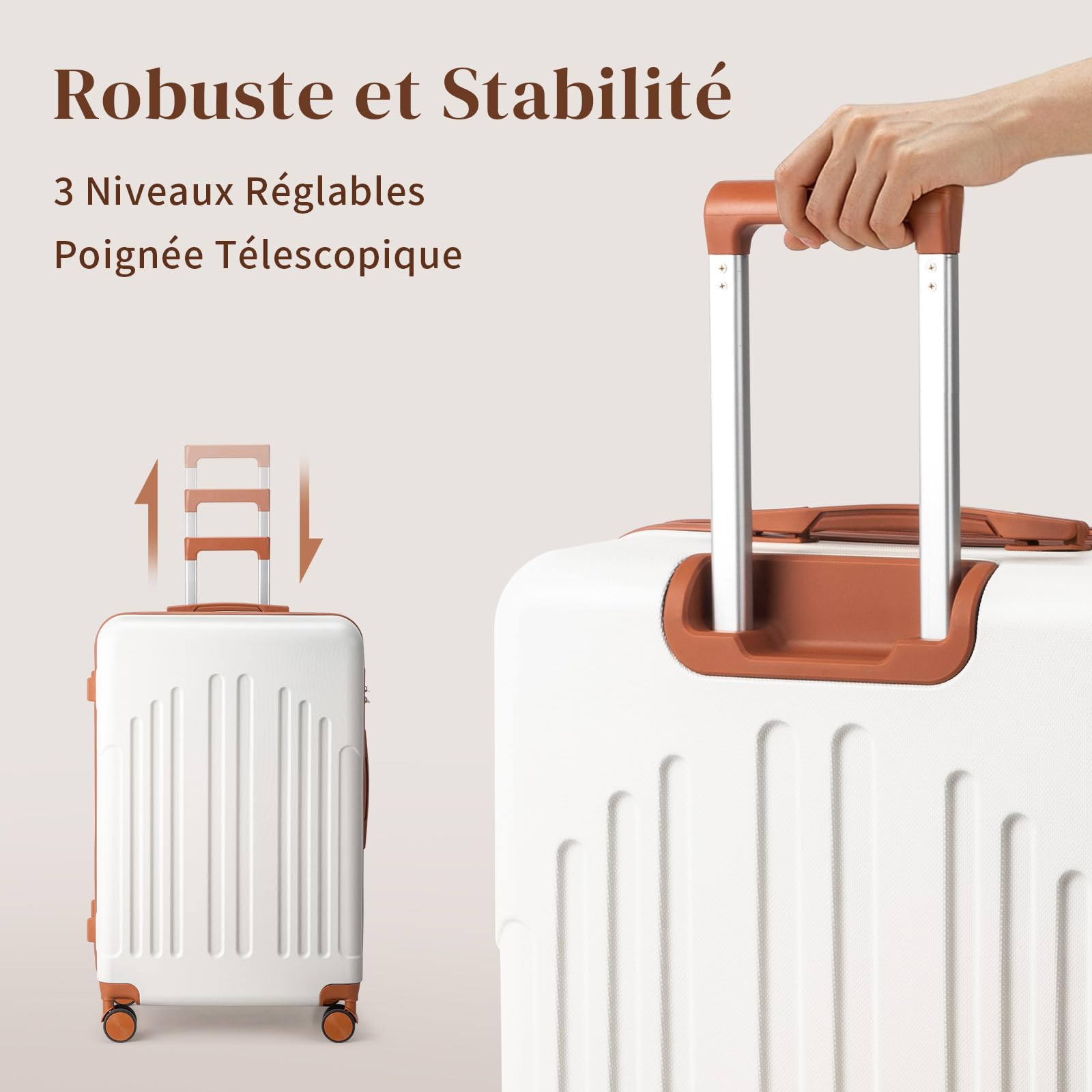 LALAHO Valise de Voyage Moyenne en ABS, Bagage Suitcase Rigide (Beige-Brun, L/65cm)
