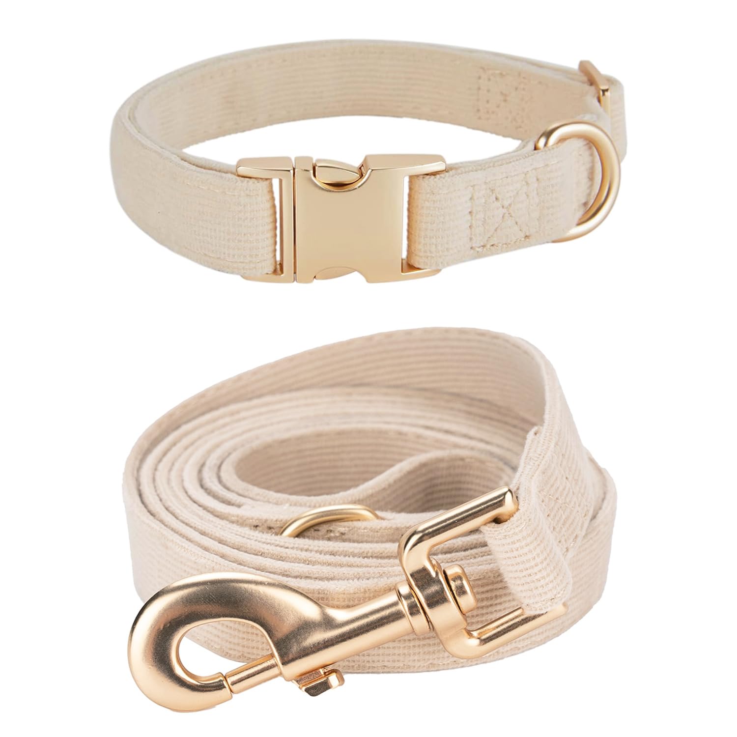 Ewinoom Soft Corduroy Dog Collar and Leash Set in Beige