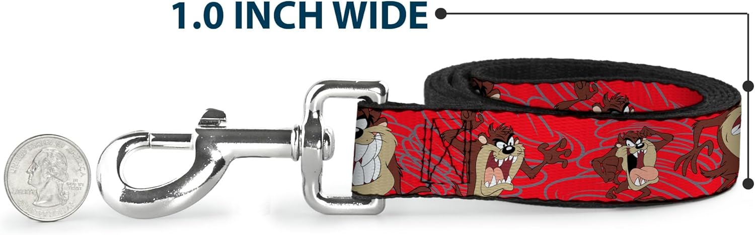 Buckle-Down Dog Leash Tasmanian Devil Expressions Red Swirl 6 Feet Long 1.0 Inch Wide, Multicolor, DL-6FT-WLTTZ003