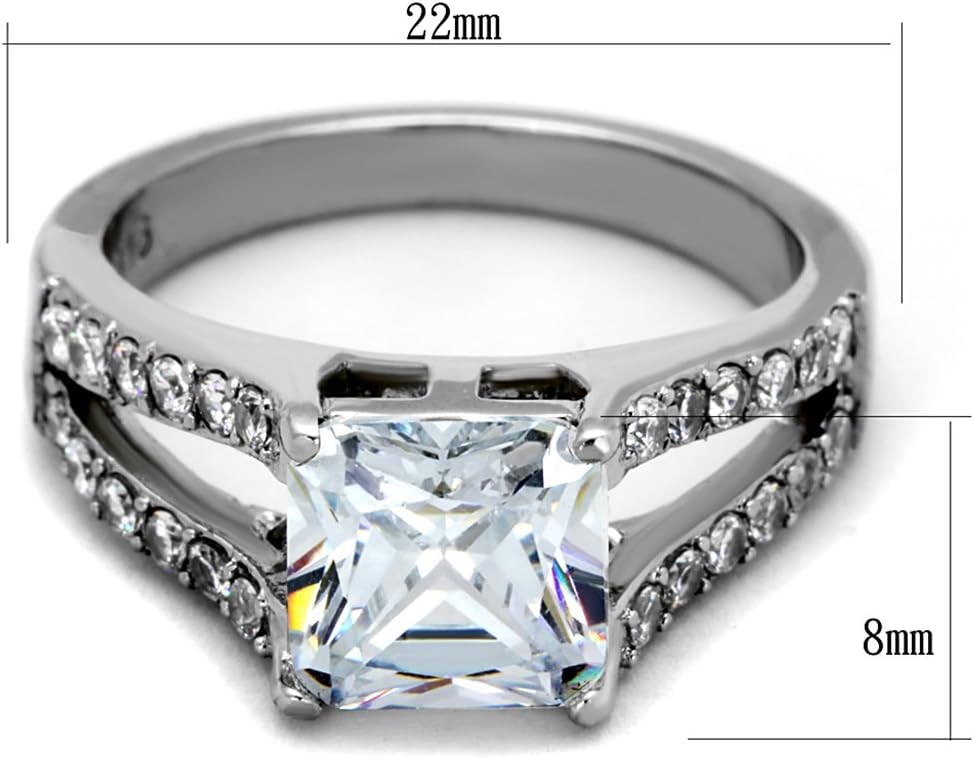 Marimor Jewelry 2.75 Carat Princess Cut AAA Zirconia Stainless Steel Engagement Ring Womens Size 5-10