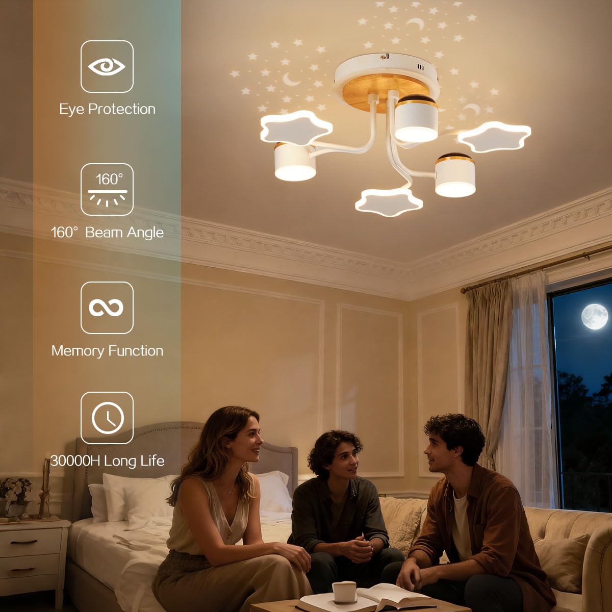 Deckenleuchte Kinderzimmer mit Sternenhimmel Projektor, LED Deckenlampe Dimmbar mit Fernbedienung, 24W 2400lm, Farbtemperatur Einstellbar 3000–6500K, Nachtlicht, Timer & Memory-Funktion