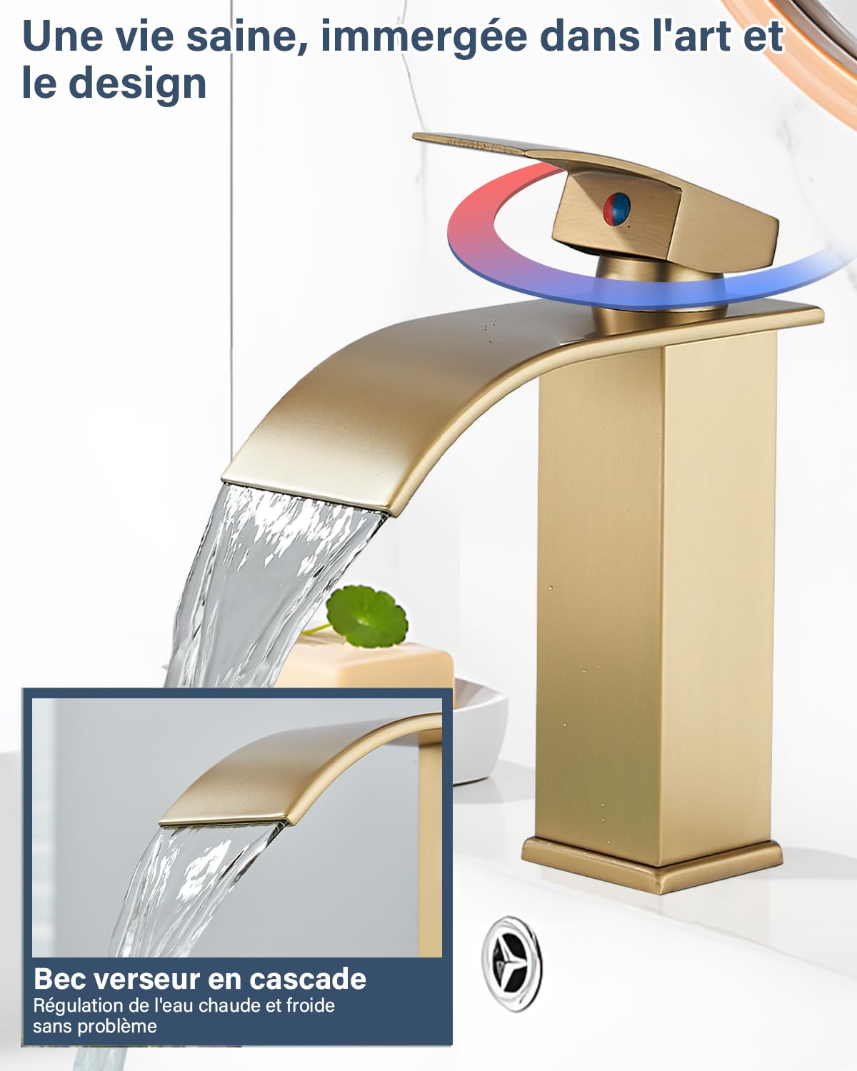 Moderne Robinet Salle de Bain Cascade, Design Elégant Robinet Lavabo, Eau Chaude et Froide Disponible,Robinet Mitigeur de Salle de Bain à Cascade à Trous,Finition Dorée Brossée