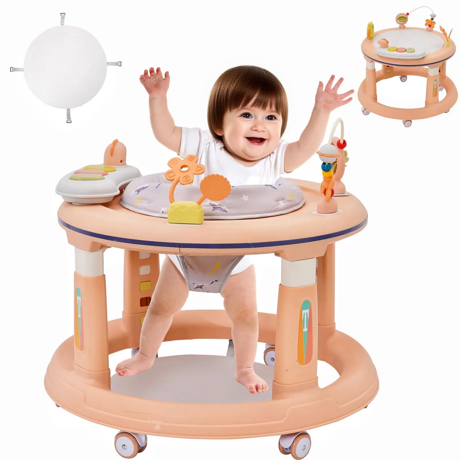 Bébé Trotteur 3 en 1(mode Marcheur, Table d'étude, Sauteur), Réglage de la hauteur sur 5 Niveaux, Design anti-O-Legs,Roues Silencieuses à 360°–Convient aux Filles à partir de 6 Mois Rose