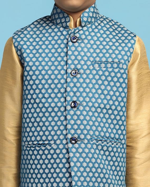 tututree Boys Nehru Jacket | Kids Indo-Western Waistcoat, Modi Coat, Sleeveless Kurta Vest for Wedding, Party & Ethnic Wear | Adjustable Fit | Ages 3–14 Years (Blue, 5 to 6 Y)
