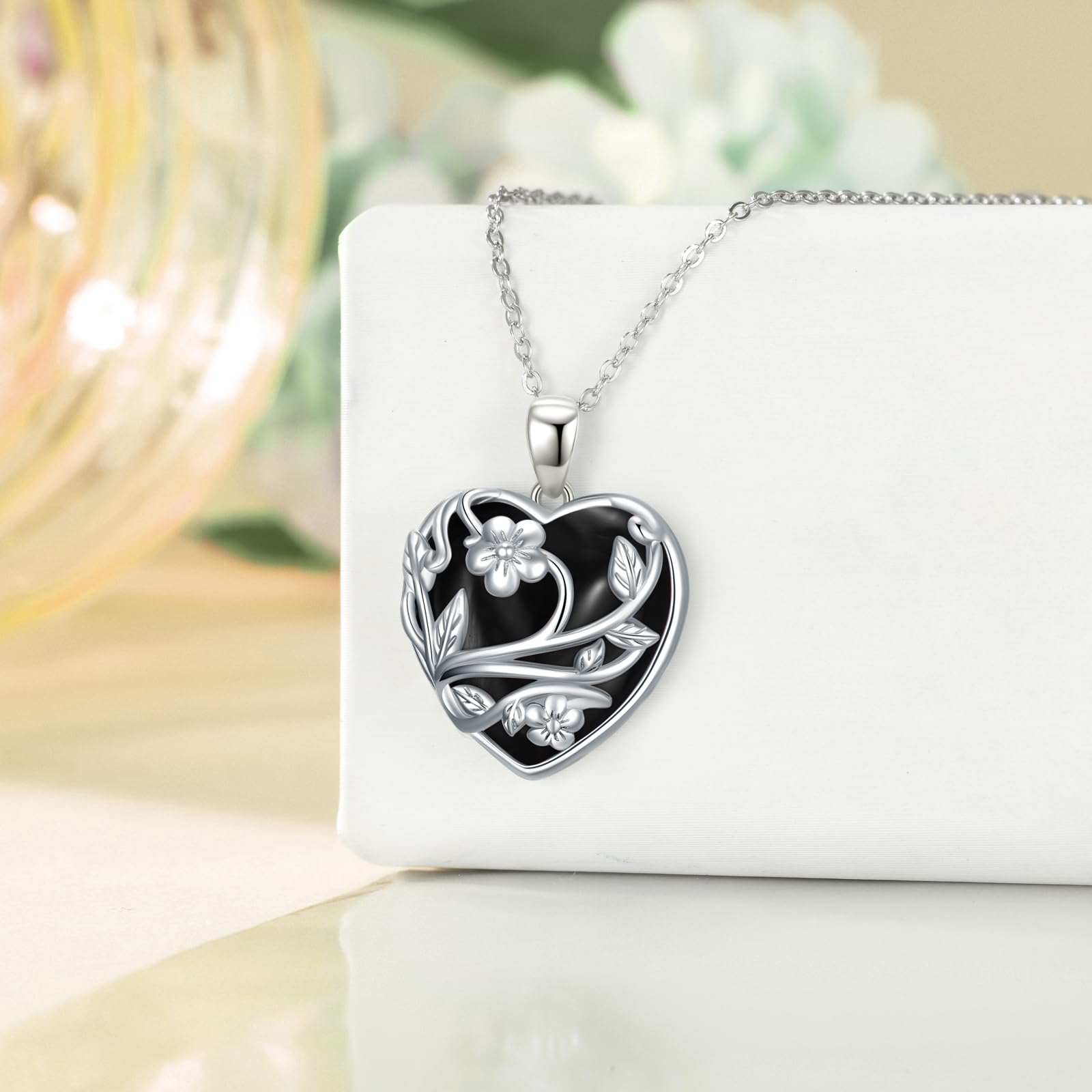 YFN Collar de cristal de plata de ley, collar de corazón, colgante de piedra de cristal de flor, cuarzo rosa, regalos de joyería para mujeres, regalos de cumpleaños para mamá, Normal, Plata esterlina