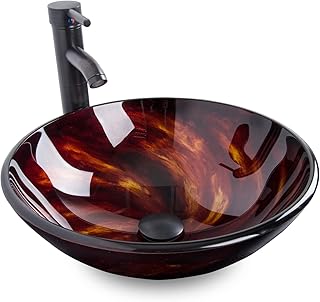 Bathroom Artistic Vessel Sink, Tempered Glass Vanity Round Bowl with Oil...