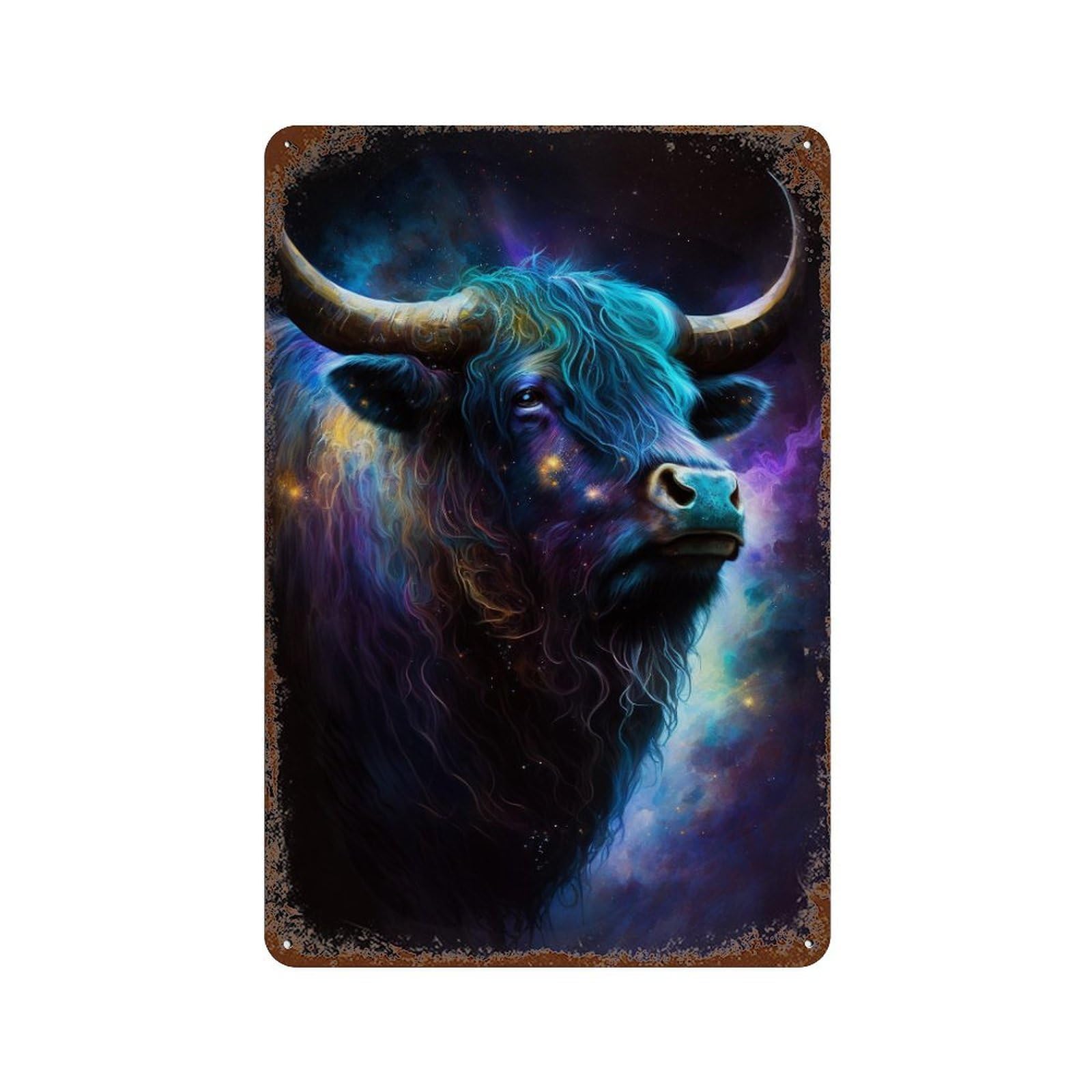 Garage Style Cosmic Bull Portrait Artwork Vintage Rust Metal Sign 11.8"x7.9", Shabby Chic Decor for Bar And Workshop