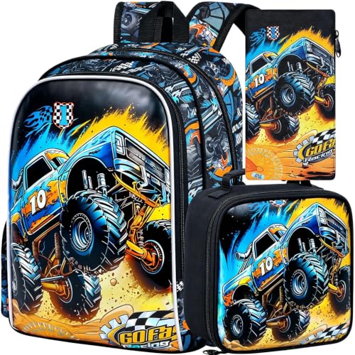 Image of Truck backpack, 16 inch Boys Cars Kids Bookbag with Lunch Box, 3Pcs School Backpacks for Elementary Preschool Kindergarten (Black)