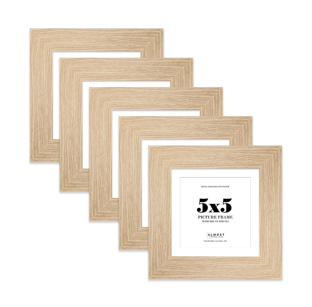 5x5 Oak Square Frame With Mount for 4x4 Pictures 28mm Edge Frame Display with Wall Hooks and Kickstand, 5 Pack