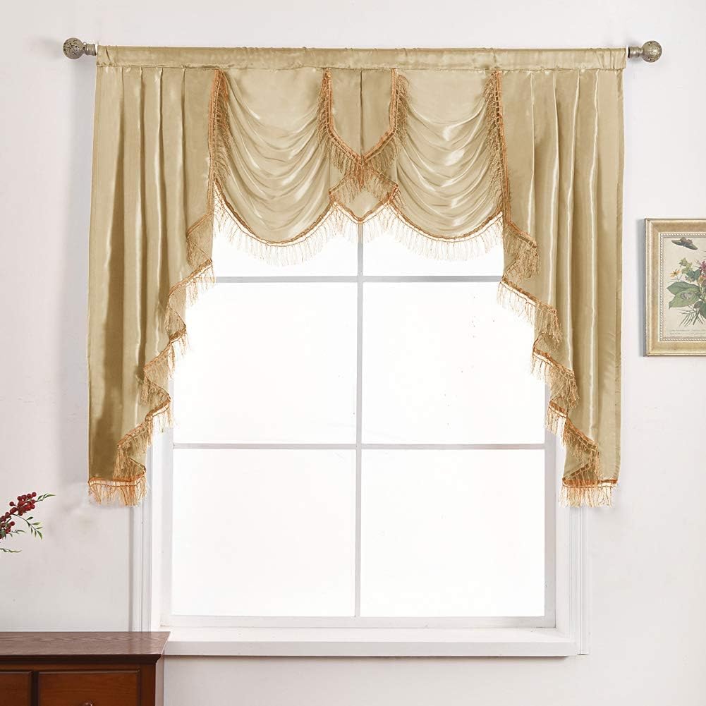 NAPEARL Soft Satin Swag Valance Curtains, Waterfall Valance with Tassles, Champagne, W 61" x L 49.2" (1 Panels), 3" Rod Pocket, Bedroom, Living Room