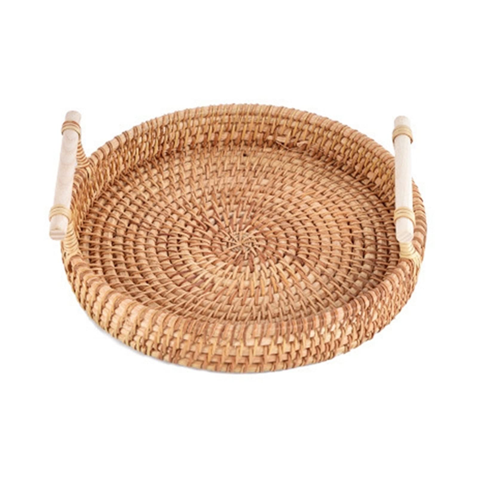 JINGYAN Breakfast Trays Handwoven Rattan Storage Tray With Wooden Handle Round Basket Bread Food Plate Fruit Cake Platter Dinner Serving(Small)