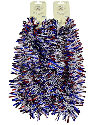 Momentum Brands Decorative Patriotic Red White and Blue Tinsel Garland â€“ 2 pc 9 feet Each (Red Blue Wide)