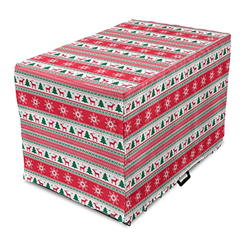 Ambesonne Christmas Dog Crate Cover, Traditional Reindeer Xmas Tree Snowflake Border Knitted Seem Pattern, Easy to Use Pet Kennel Cover for Medium Large Dogs, 36 Inch, Vermilion Green White