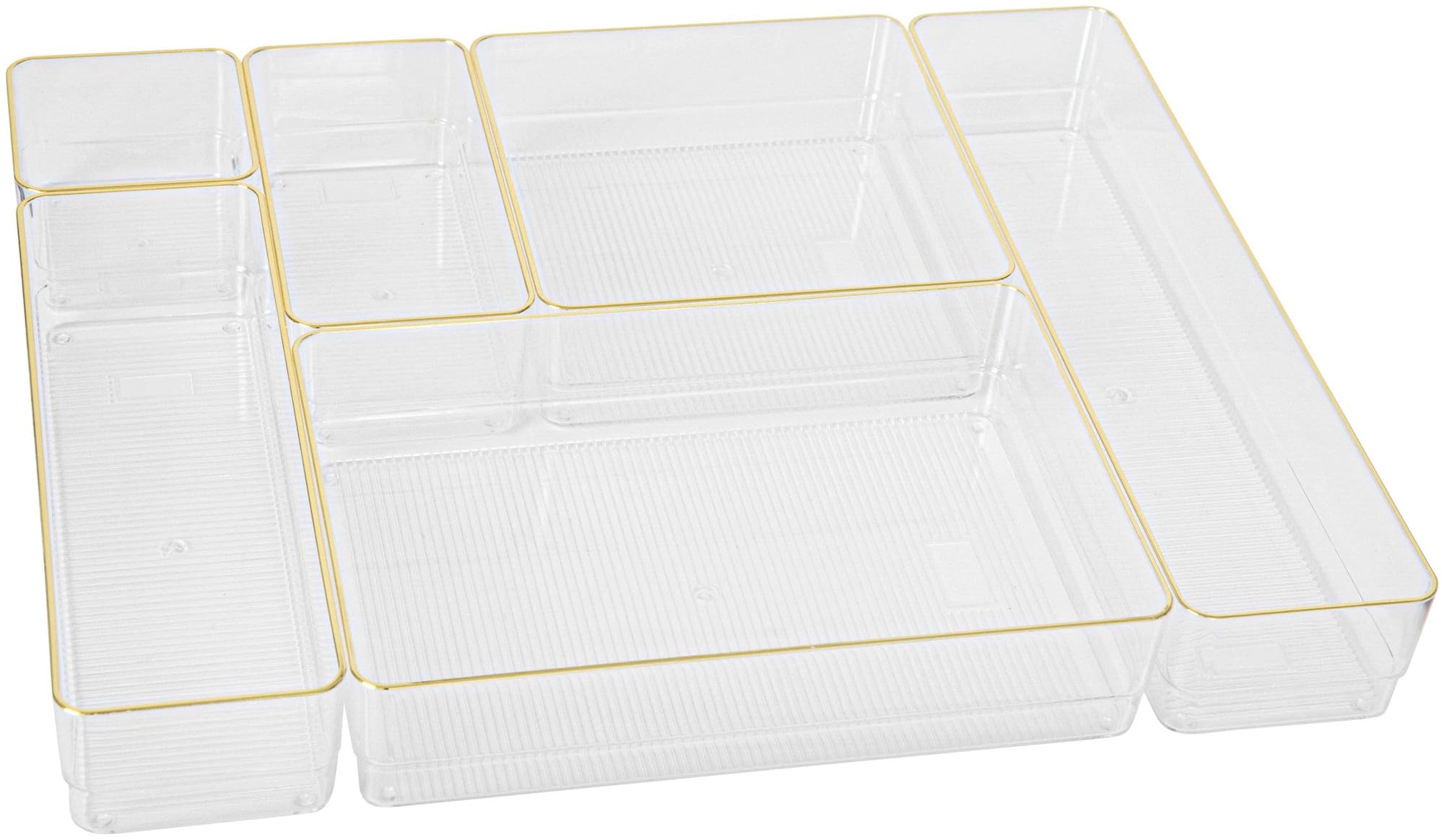 Kerry Plastic Stackable Office Desk Drawer Organizers, Set of 6, with Gold Trim