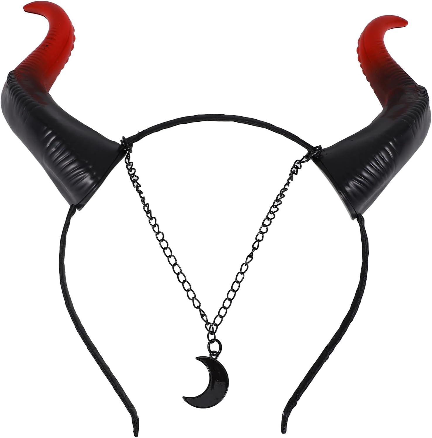 DOITOOL Halloween Devil Horns Headband for Women, Red Black Horn Headpiece with Crescent Moon Chain, Adult Cosplay Hair Accessory for Costume Party