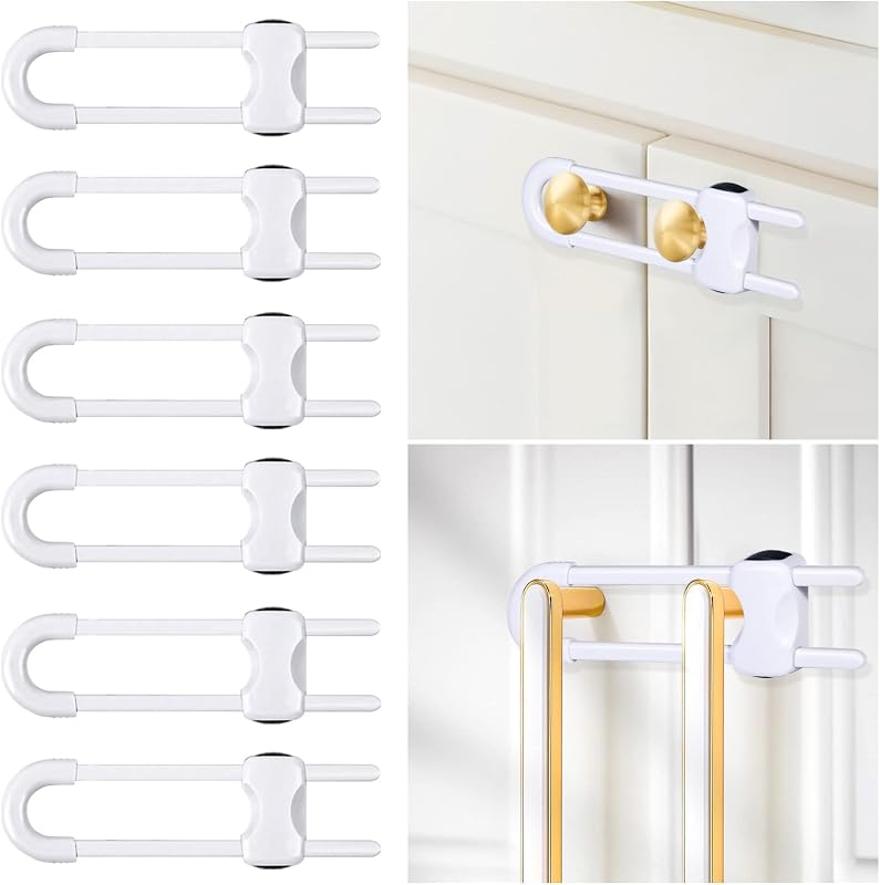 6 Packs Sliding Cabinet Locks, Baby Proofing U-Shaped Child Safety Latches | Adjustable White Locks for Handles Knobs Drawers Closet Cupboard
