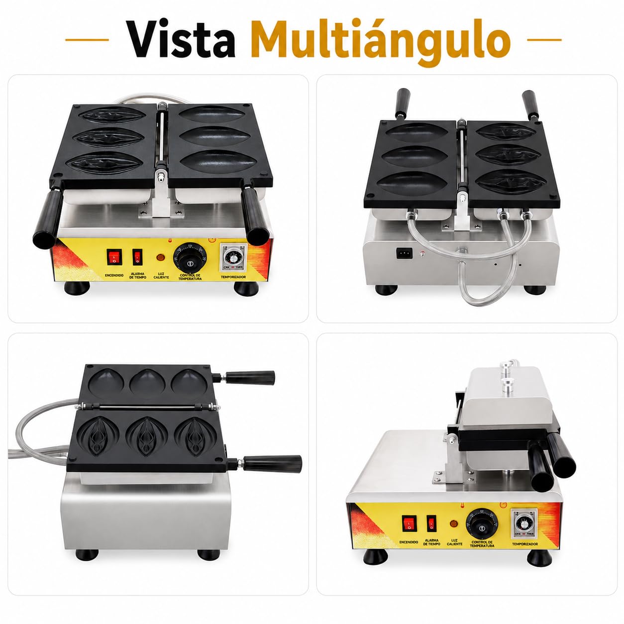 Gofrera Profesional 3 Moldes Diseño Creativo 1,56 kW | Control de temperatura regulable，Temporizador integrado，Calentamiento uniforme，Panel frontal sencillo
