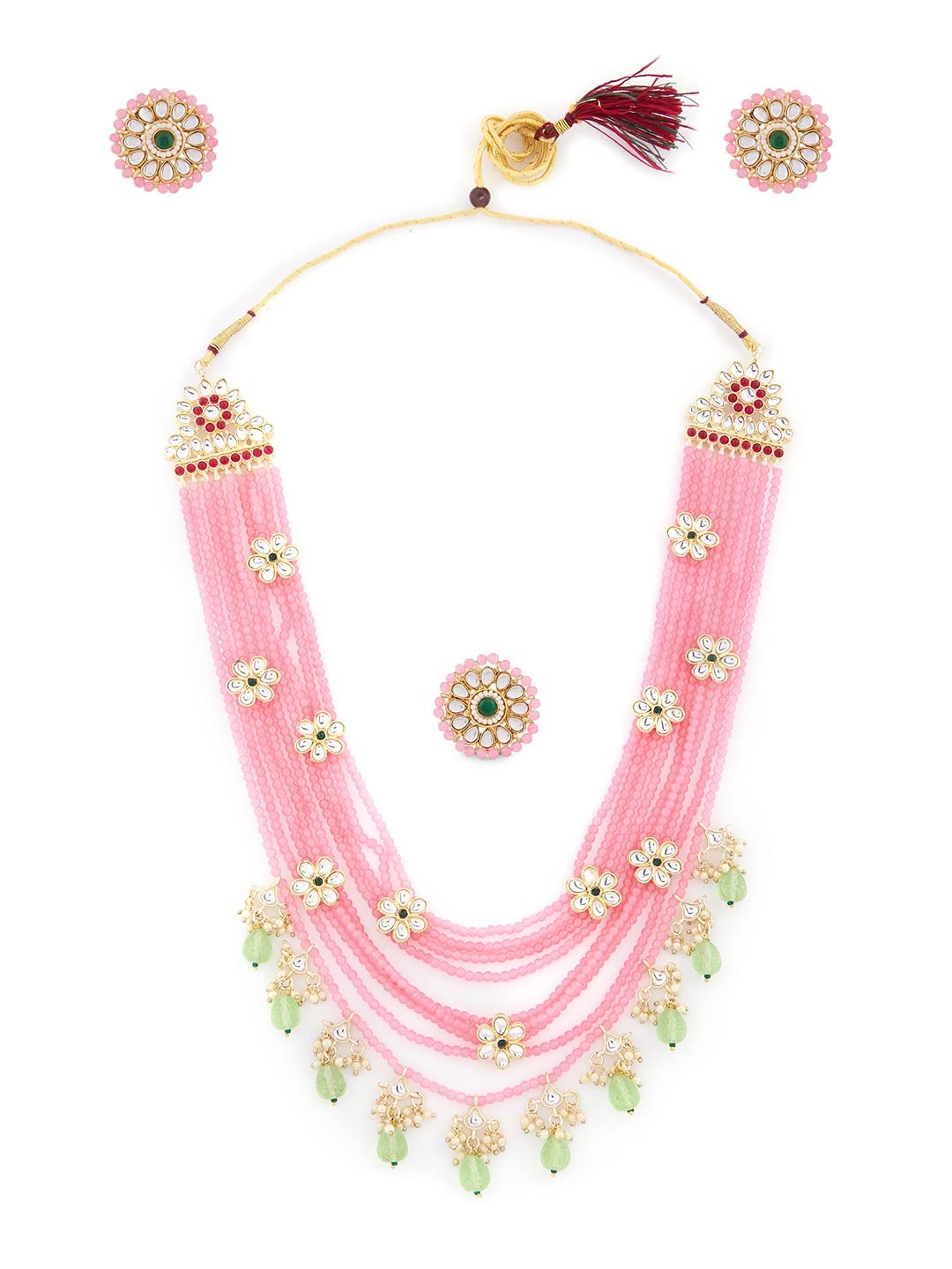 ZAVERI PEARLS Pink & Green Multi Layers Beaded Kundan Flowers Necklace Earring & Ring Set For Women-ZPFK13797 (B0B1JGV5RJ) Amazon Price History, Amazon Price Tracker
